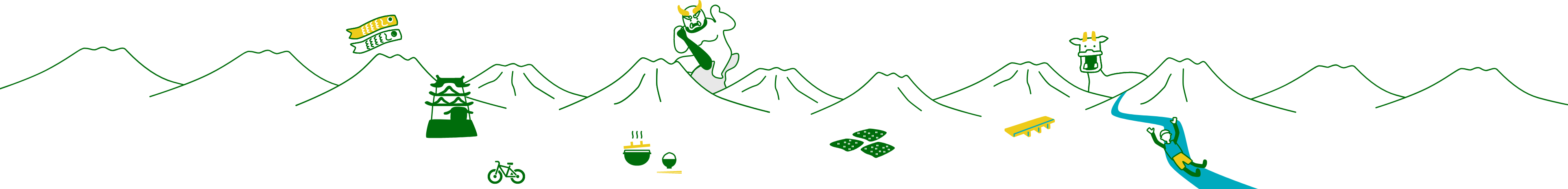 予土まちの名所・名物のイラスト（城・鬼・鯉のぼり・お茶など）