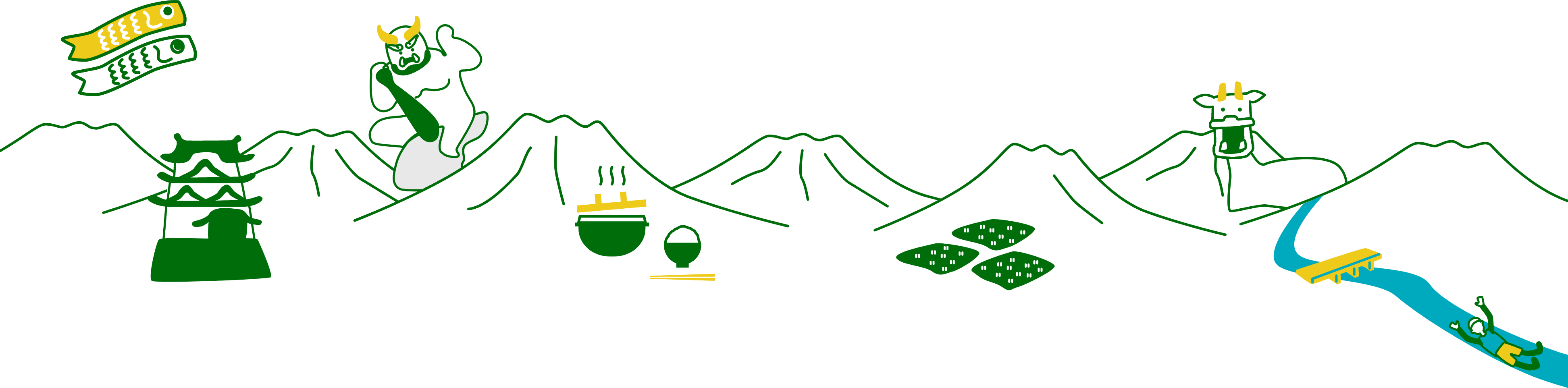 予土まちの名所・名物のイラスト（城・鬼・鯉のぼり・お茶など）